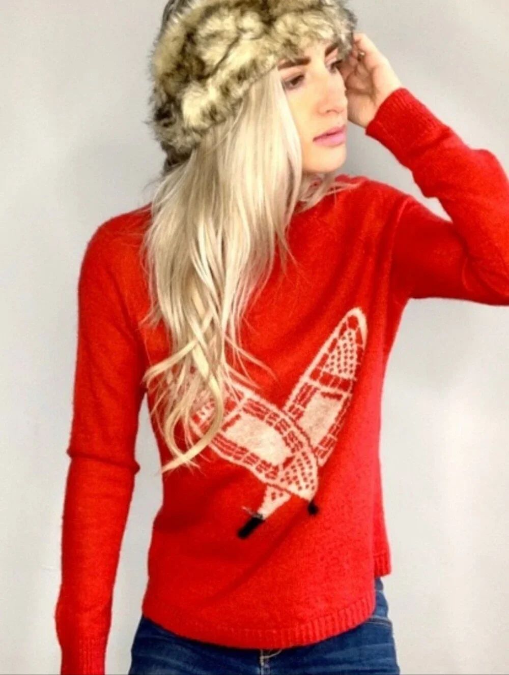 NWT Woolrich Red Wool Mohair Sweater Snow Shoes Long Sleeve Crew Neck L